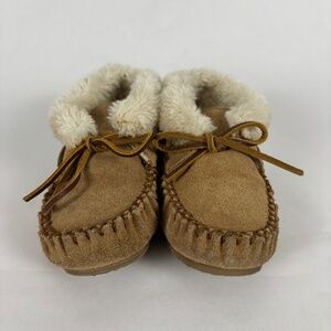 Minnetonka Slippers Toddler Boy/Girl, Brown Leather, Suede Faux Fur Trim Booties